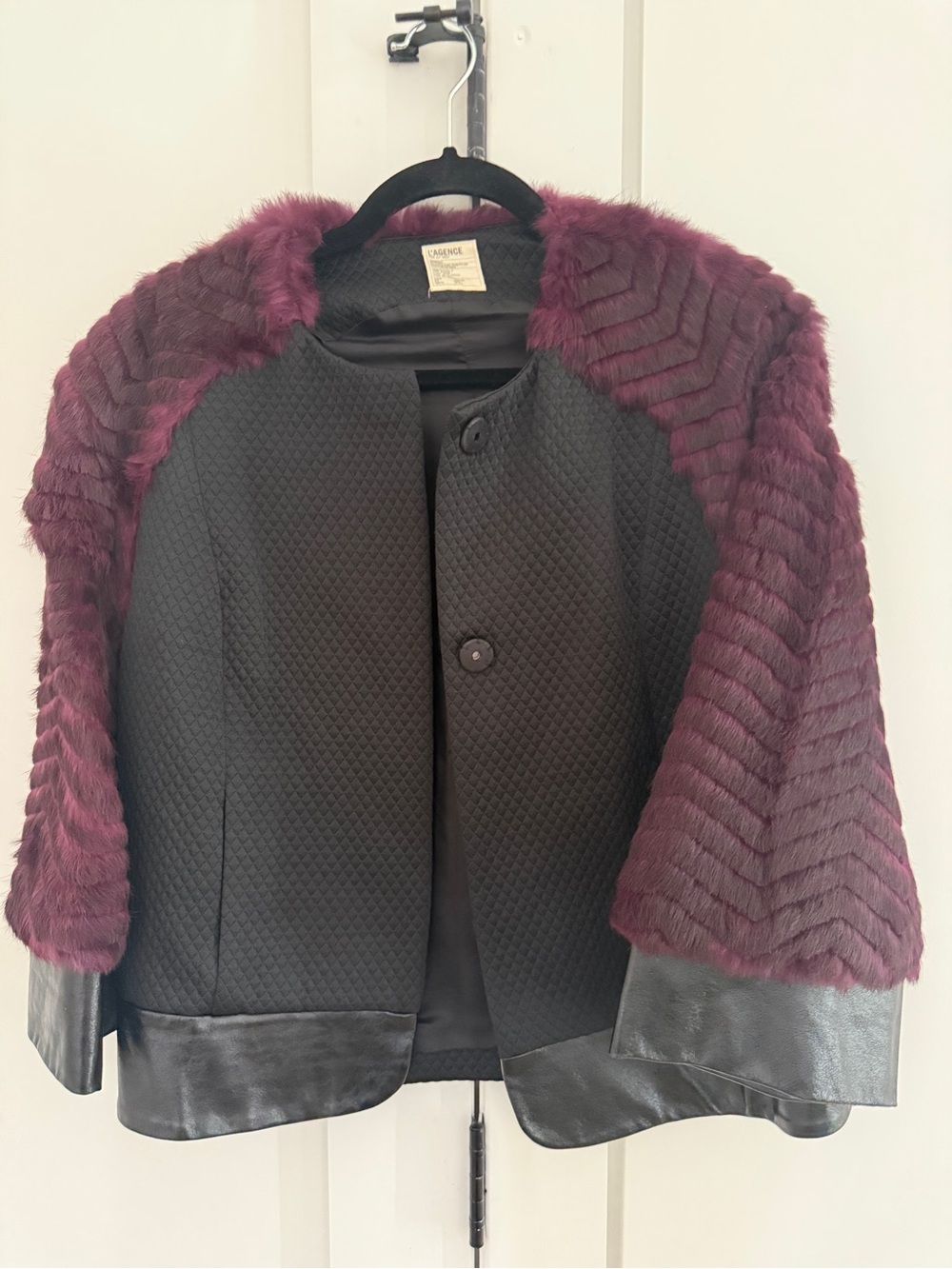 L'AGENCE Black Jacket with Plum Fur-Trimmed Cape Sleeves